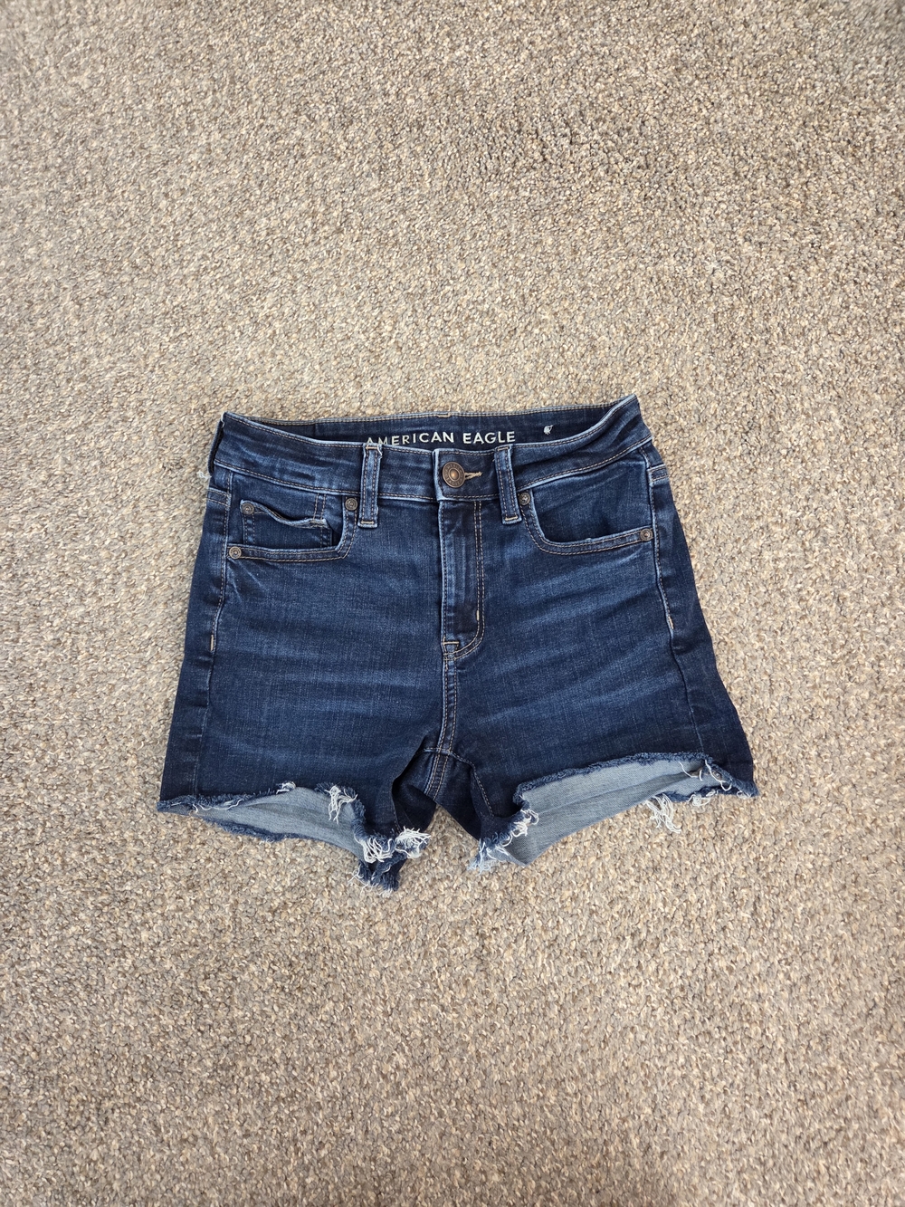 American Eagle Outfitters Dark Indigo High-Rise Frayed Denim Shorts